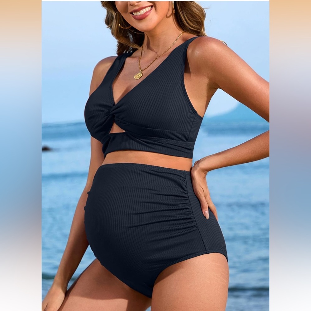 CHARMO Dark Navy Ribbed Maternity Bikini Set - Picture 10 of 11
